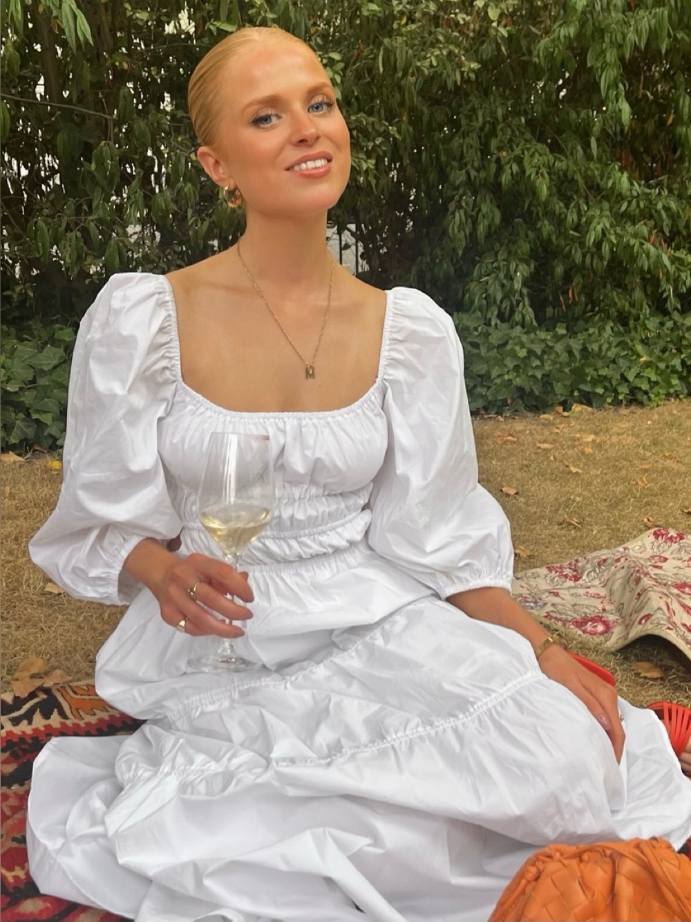 NICHOLAS Henna White Cotton Poplin Puff Sleeve Cutout Tiered Midi Dress 4 Boho